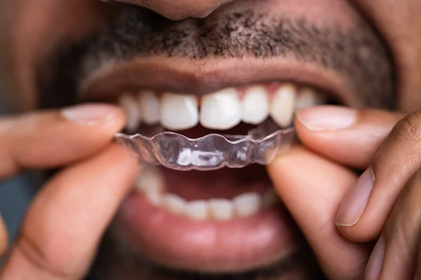 Close up of a bearded Black man putting clear aligners on his teeth at Highridge Dental Care in Folsom, CA